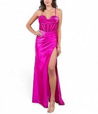 Cinderella Couture Drape Neck Spaghetti Strap Mesh Heat Stone Corset Side Slit Fitted Gown