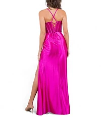 Cinderella Couture Drape Neck Spaghetti Strap Mesh Heat Stone Corset Side Slit Fitted Gown