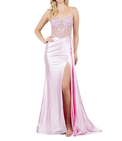 Cinderella Couture Floral Applique Sheer Corseted Bodice Satin Long Dress