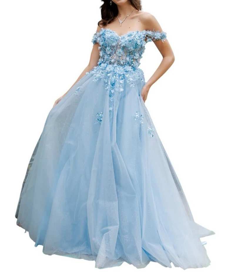 Cinderella Couture Off The Shoulder 3D Flower Applique Sheer Costed Bodice Lace Up Back Tulle Ball Gown