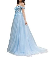 Cinderella Couture Off The Shoulder 3D Flower Applique Sheer Costed Bodice Lace Up Back Tulle Ball Gown