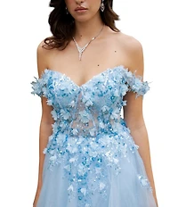 Cinderella Couture Off The Shoulder 3D Flower Applique Sheer Costed Bodice Lace Up Back Tulle Ball Gown