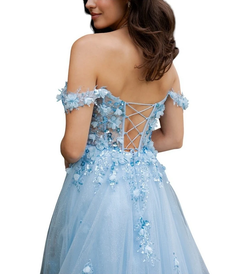 Cinderella Couture Off The Shoulder 3D Flower Applique Sheer Costed Bodice Lace Up Back Tulle Ball Gown