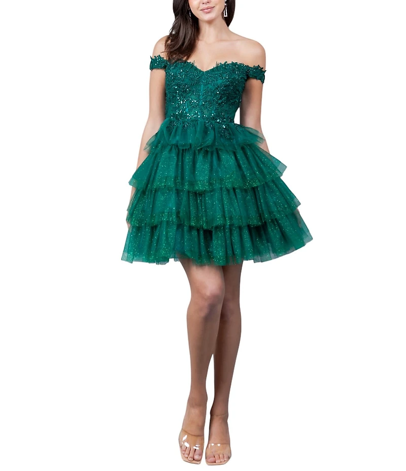 Cinderella Couture Off-The-Shoulder Beaded Sequin Tiered Ruffle Lace Up Back Fit-And-Flare Dress