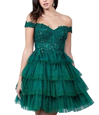 Cinderella Couture Off-The-Shoulder Beaded Sequin Tiered Ruffle Lace Up Back Fit-And-Flare Dress