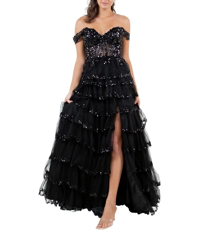 Cinderella Couture Off-The-Shoulder Sequin Beaded Bodice Tiered Tulle Ruffled A-Line Gown