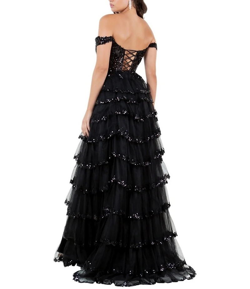 Cinderella Couture Off-The-Shoulder Sequin Beaded Bodice Tiered Tulle Ruffled A-Line Gown