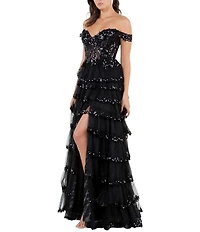 Cinderella Couture Off-The-Shoulder Sequin Beaded Bodice Tiered Tulle Ruffled A-Line Gown
