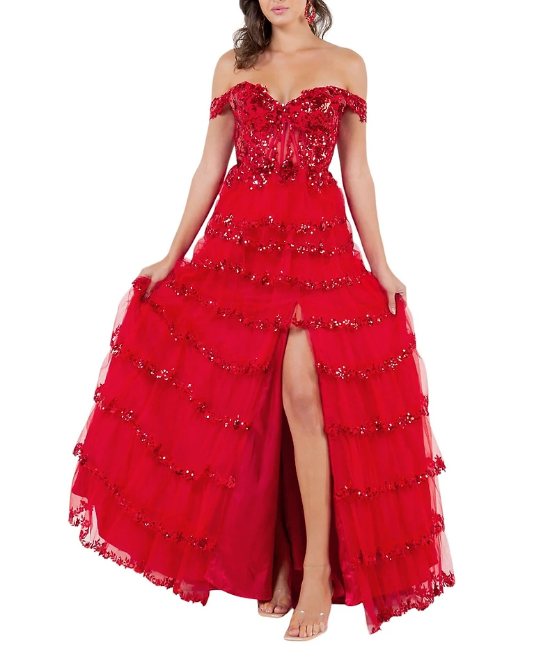 Cinderella Couture Off-The-Shoulder Sequin Beaded Bodice Tiered Tulle Ruffled A-Line Gown