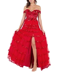 Cinderella Couture Off-The-Shoulder Sequin Beaded Bodice Tiered Tulle Ruffled A-Line Gown