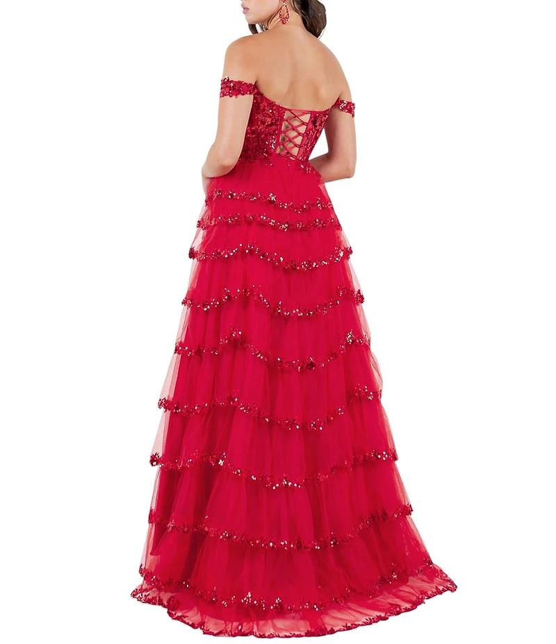 Cinderella Couture Off-The-Shoulder Sequin Beaded Bodice Tiered Tulle Ruffled A-Line Gown