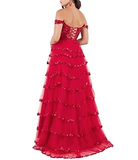 Cinderella Couture Off-The-Shoulder Sequin Beaded Bodice Tiered Tulle Ruffled A-Line Gown