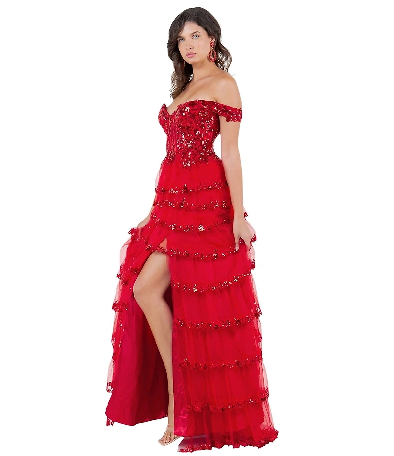 Cinderella Couture Off-The-Shoulder Sequin Beaded Bodice Tiered Tulle Ruffled A-Line Gown