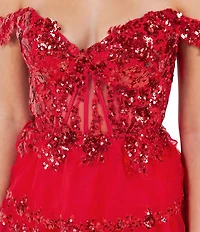 Cinderella Couture Off-The-Shoulder Sequin Beaded Bodice Tiered Tulle Ruffled A-Line Gown