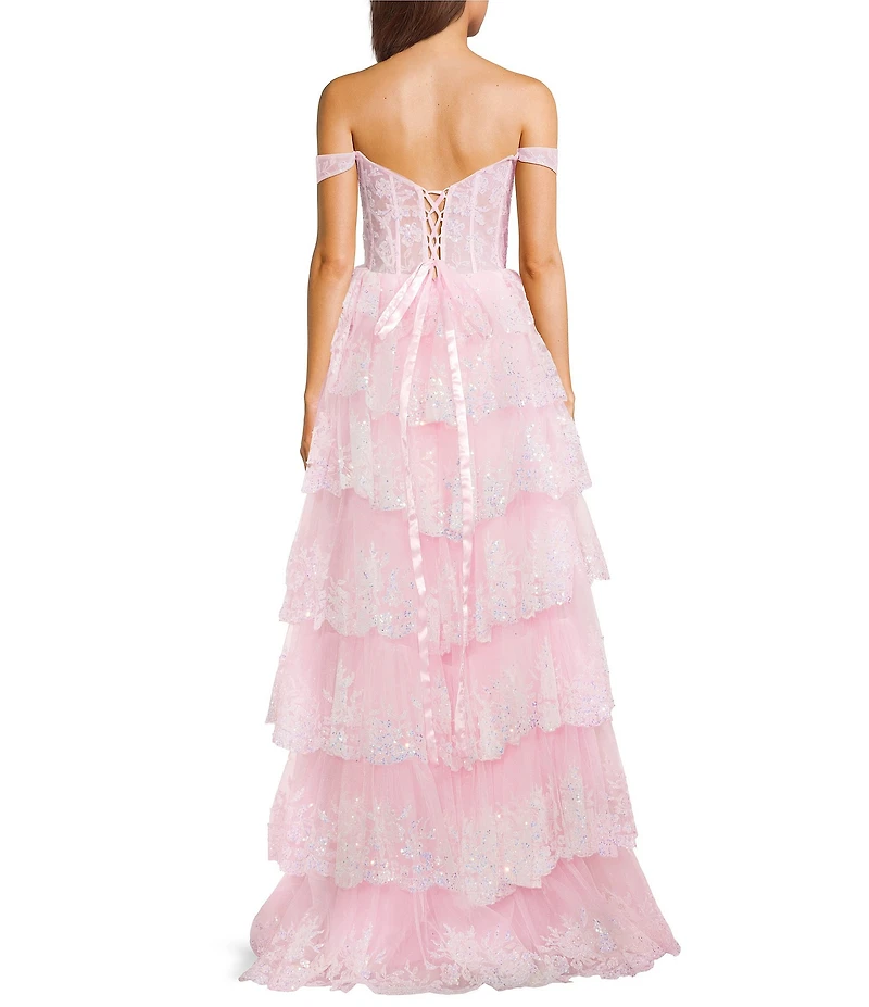 Cinderella Couture Off-The-Shoulder Sequin Embellished Layered Lace Tulle Long Dress