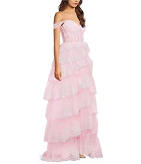 Cinderella Couture Off-The-Shoulder Sequin Embellished Layered Lace Tulle Long Dress