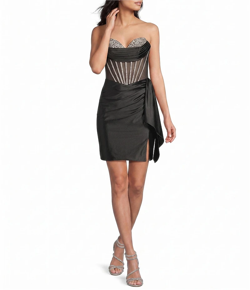 Cinderella Couture Satin Rhinestone Embellished Strapless Sweetheart Bustier Corseted Side Sash Lace Up Back Dress