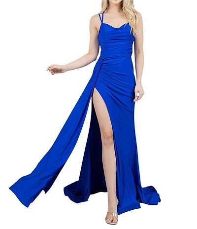 Cinderella Couture Satin Ruched Lace Up Back Side Sash Long Dress