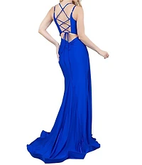 Cinderella Couture Satin Ruched Lace Up Back Side Sash Long Dress