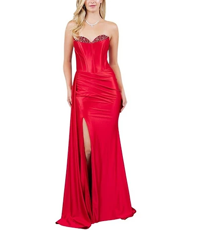 Cinderella Couture Satin Strapless Beaded Corseted Lace Up Back Side Slit Sash Long Dress