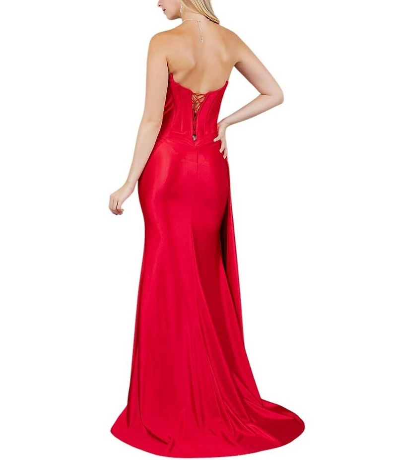 Cinderella Couture Satin Strapless Beaded Corseted Lace Up Back Side Slit Sash Long Dress
