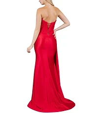 Cinderella Couture Satin Strapless Beaded Corseted Lace Up Back Side Slit Sash Long Dress