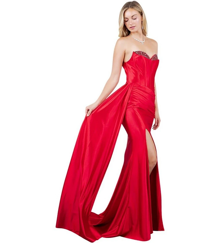 Cinderella Couture Satin Strapless Beaded Corseted Lace Up Back Side Slit Sash Long Dress