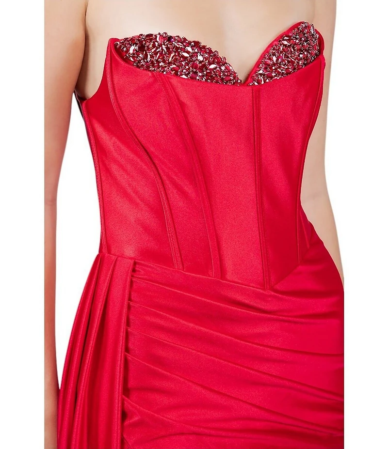 Cinderella Couture Satin Strapless Beaded Corseted Lace Up Back Side Slit Sash Long Dress