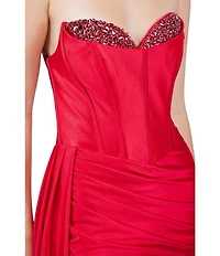 Cinderella Couture Satin Strapless Beaded Corseted Lace Up Back Side Slit Sash Long Dress