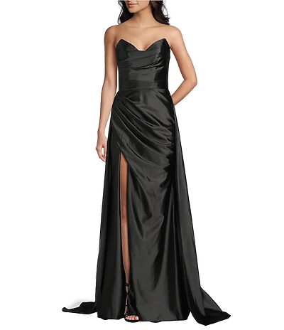 Cinderella Couture Satin Strapless Sweetheart Neck Side Slit Pleated Gown