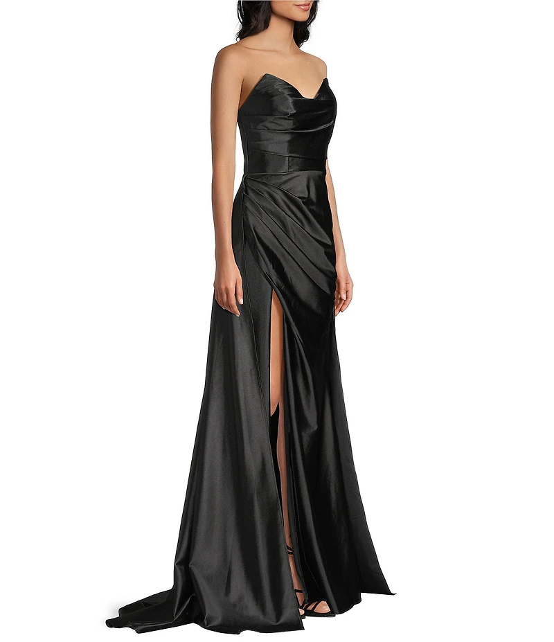 Cinderella Couture Satin Strapless Sweetheart Neck Side Slit Pleated Gown