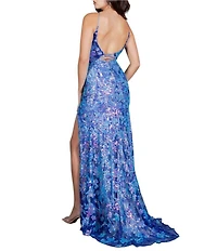 Cinderella Couture Sequin Embellished Floral Applique Deep Illusion V-Neck Side Slit Lace Up Back Long Dress