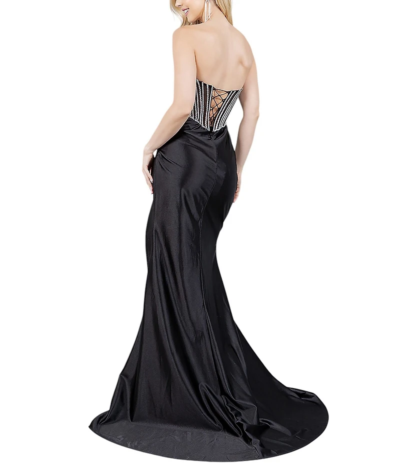 Cinderella Couture Strapless Neck Rhinestone Beaded Corset Side Slit Gown