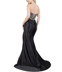 Cinderella Couture Strapless Neck Rhinestone Beaded Corset Side Slit Gown