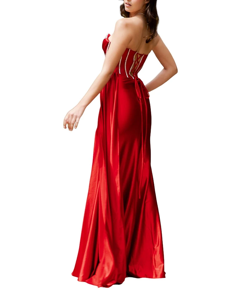 Cinderella Couture Strapless Sweetheart Neck Rhinestone Corseted Bustier Side Sash Lace Up Back Gown