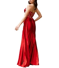 Cinderella Couture Strapless Sweetheart Neck Rhinestone Corseted Bustier Side Sash Lace Up Back Gown