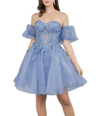 Cinderella Couture Tulle Off-The-Shoulder Bubble Sleeve Corset 3D Floral Applique Dress