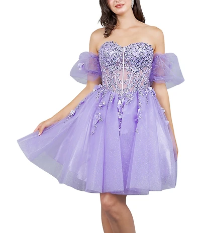 Cinderella Couture Tulle Off-The-Shoulder Bubble Sleeve Corset 3D Floral Applique Dress