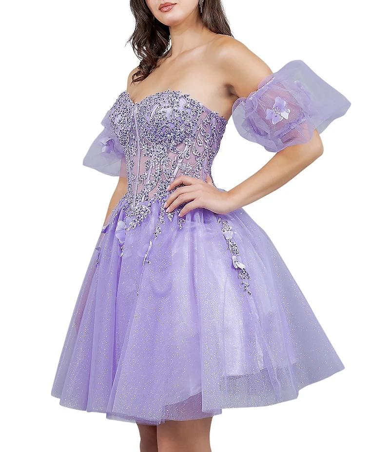 Cinderella Couture Tulle Off-The-Shoulder Bubble Sleeve Corset 3D Floral Applique Dress