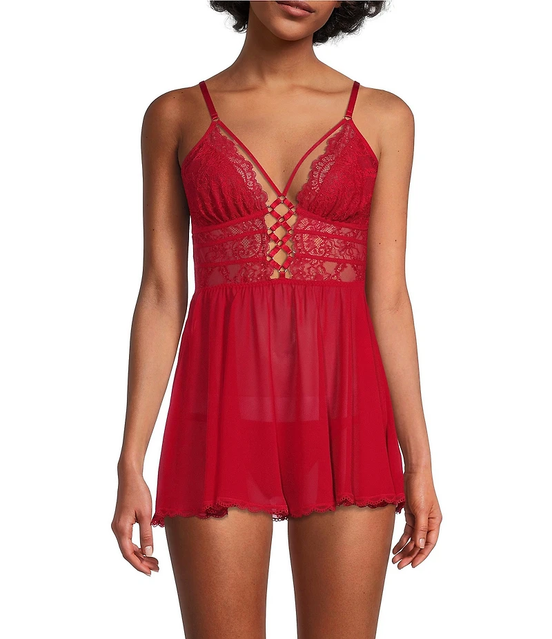 Cinema Etoile Lace & Chiffon Lace Up Plunging Babydoll