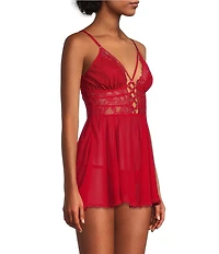 Cinema Etoile Lace & Chiffon Lace Up Plunging Babydoll