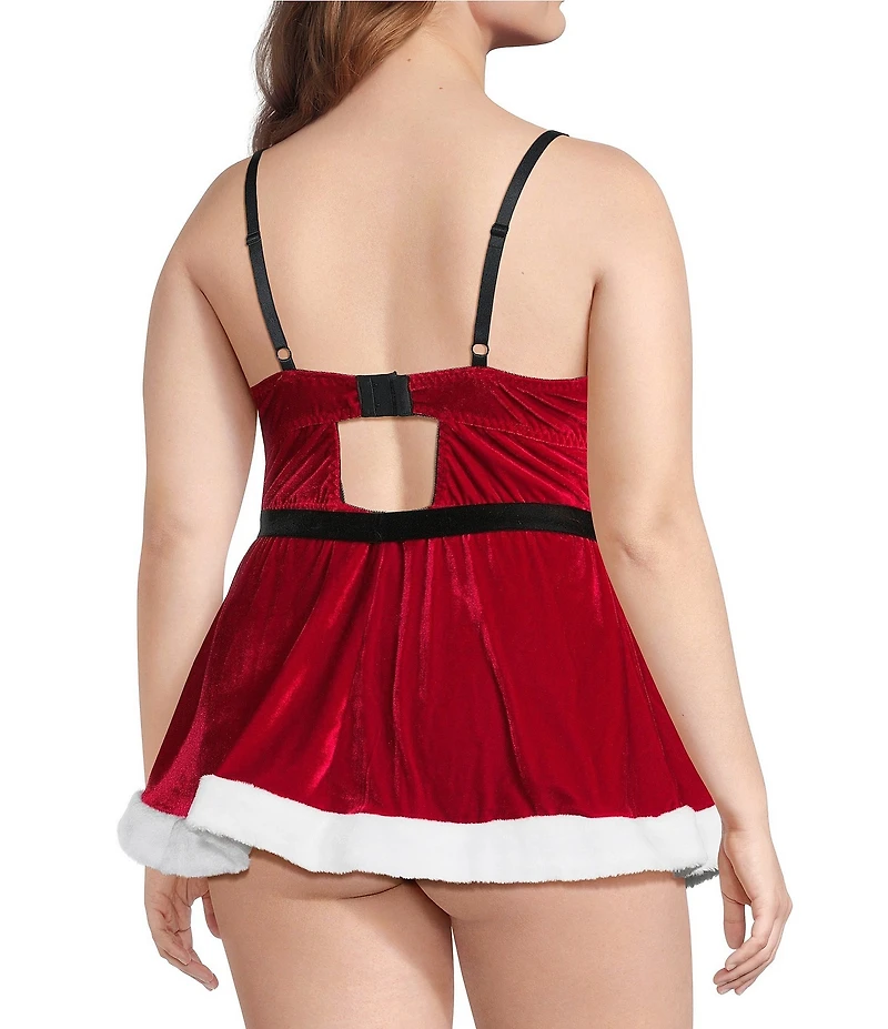Cinema Etoile Plus Size Sexy Santa Sleeveless Sweetheart Neck Padded Cup Stretch Velvet & Sherpa Babydoll