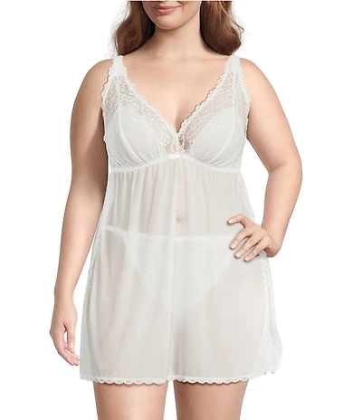 Cinema Etoile Plus Size Solid Chiffon & Lace Open Side Babydoll