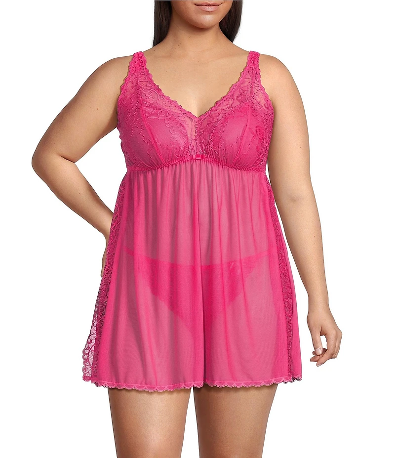 Cinema Etoile Plus Size Solid Chiffon & Lace Open Side Babydoll