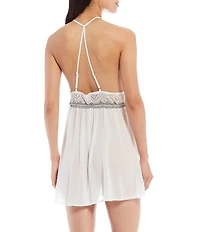 Cinema Etoile Scalloped Embroidery Chiffon Soft Cup Halter Babydoll and Short Wrap Robe 2-Piece Set