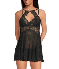 Cinema Etoile Soft Cup Mesh and Lace Strappy Halter Babydoll