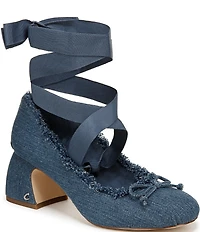 Circus NY by Sam Edelman Della Distressed Fabric Ankle Wrap Block Heel Ballet Pumps