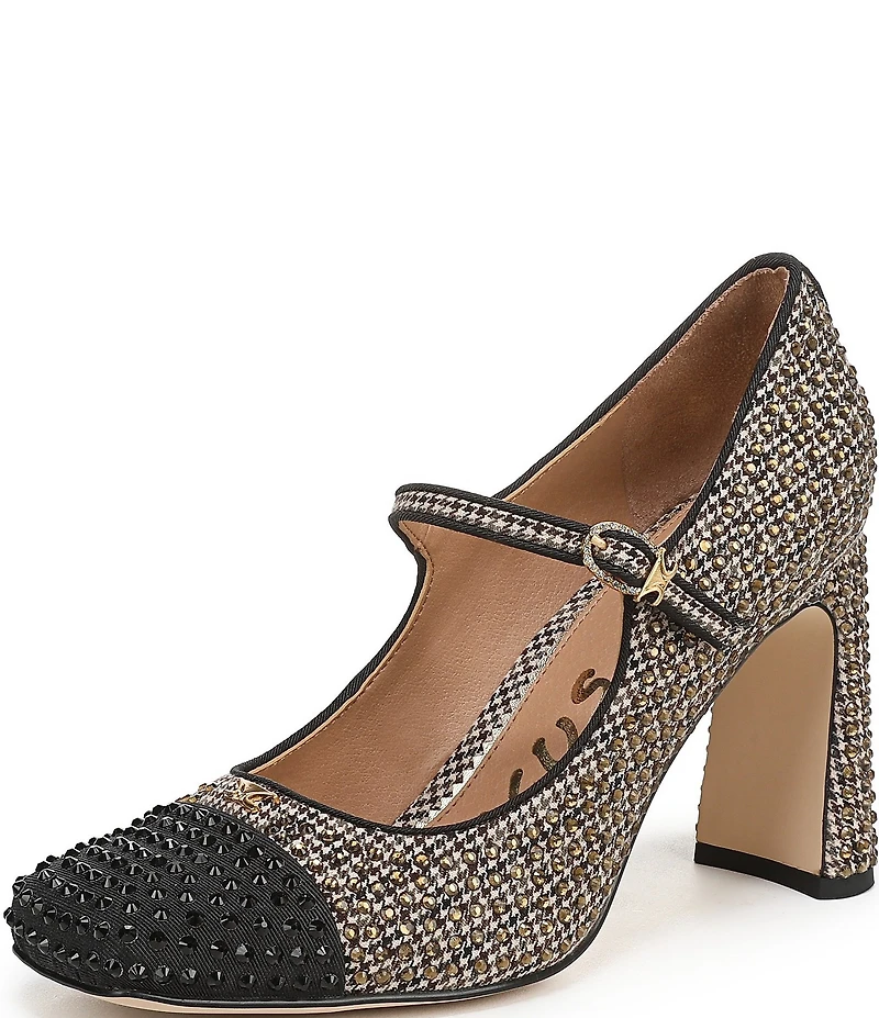 Circus NY by Sam Edelman Elora Houndstooth Rhinestone Embellished Mary Jane Cap Toe Dress Pumps