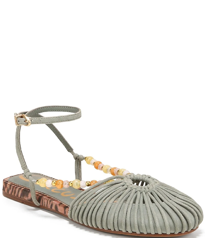 Circus NY by Sam Edelman Kassie Woven Suede Beaded Ankle Strap Flat Sandals