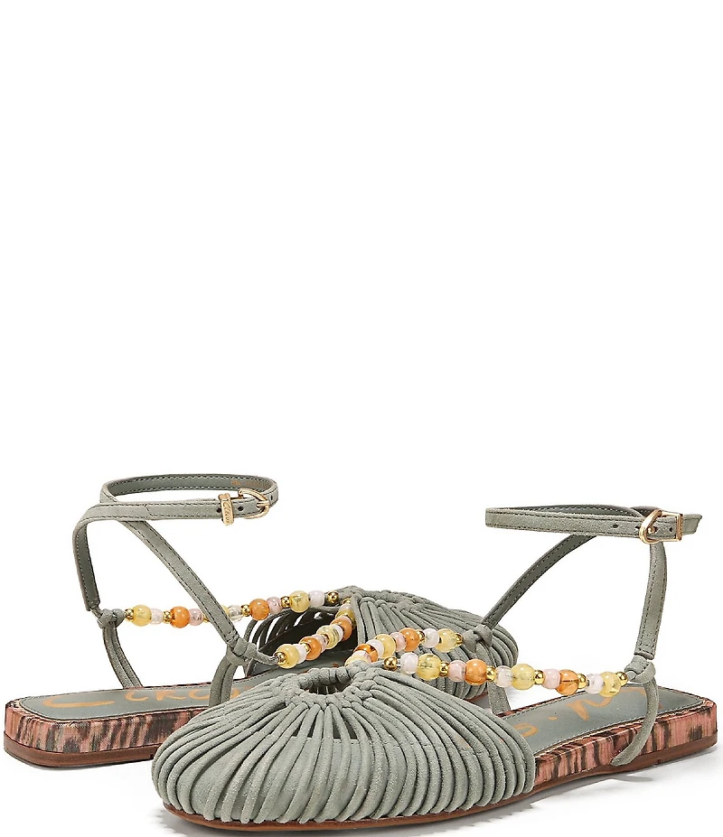 Circus NY by Sam Edelman Kassie Woven Suede Beaded Ankle Strap Flat Sandals